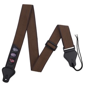 Guitar Strap Soft Cotton Shoulder Straps with Leather Ends, Pick Holders & 3 Guitar Picks for Bass, Electric & Acoustic Guitars (Coffee)