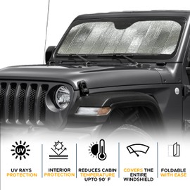 EcoNour Accordion Windshield Sun Shade for Jeep Wrangler | Car Shade Front Windshield Designed for Jeep Wrangler| Dashboard Sun Visor for UV and Heat | XS 53 x 17 inches