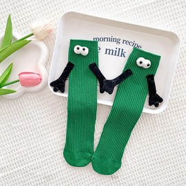 ARTSIM Holding Hands Socks Couple Kids Magnetic Hand in Hand Mid Tube Sock Funny 3D Doll Big Eye Design Gifts Socks Dark Green