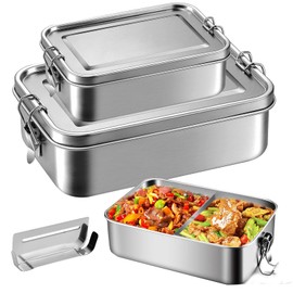 2 Pack Stainless Steel Lunch Box Set for Kids and Adults - Leak Proof Metal Bento Box for Work, School, Meal Prep, Snack Container, Food Storage, Durable and Easy Clean (1400ml + 550ml)