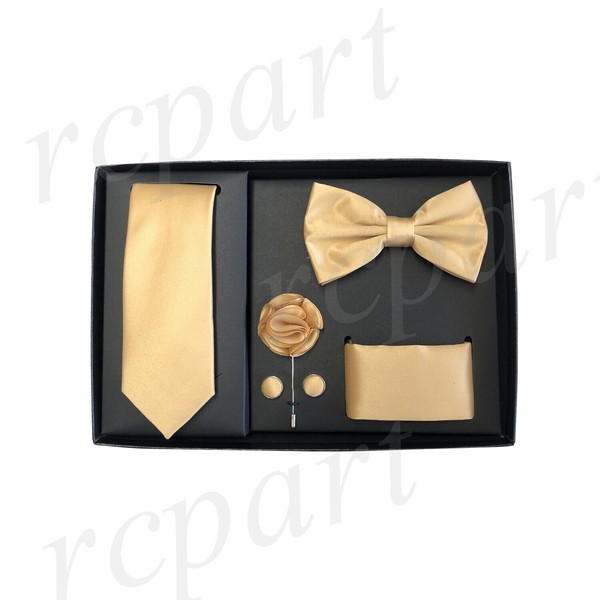 New Men's necktie bowtie hankie cufflinks lapel pin 5 pc Gift Set Gold wedding