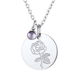 Birth Flower Disc Necklaces for Women s with June Birthstone Alexandrite Rose Guardian Month Floral Pendant Stainless Steel Dainty Round Coin Medallion Jewelry Birthday Gifts for Mom