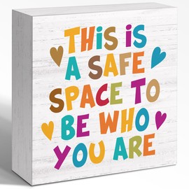 WUZYOU This Is A Safe Space To Be Who You Are Sign, Small Boho Motivational Desk Decor for Kids Children, Cute Small Decor Signs for Kids Room Bedroom Shelves Desk 5x5x1 INCH