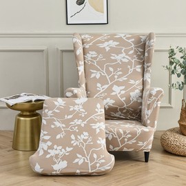 Highdi 2-Piece Wing Chair Cover, Armchair Throws, Wing Chair Protective Covers, Elastic Stretch Tiger Chair Cover with Armrest, High Backrest, Universal (Branch of White Flower)