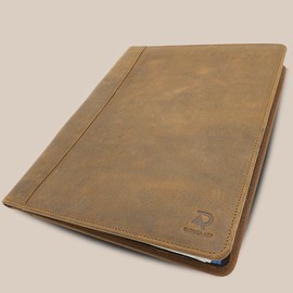 Daroga Art Dark Brown Leather Portfolio Organizer for Men & Women - A4 Padfolio, Legal Pad Holder, Resume Binder, 100% Genuine Crazy Horse Leather, Business Notepad Clipboard (‎Vintage Camel)