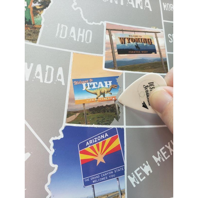 US scratch off map; State Welcome signs, travel poster; Scratch