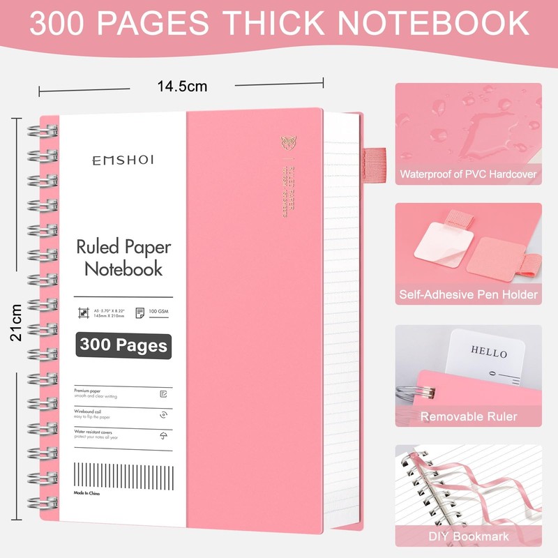 EMSHOI Notebook A5 Lined 100 g/m² Paper, 300 Pages -