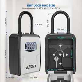 Vazioyar Key Lock Box,With Retractable Key Tether,With removable shackle,Upgraded Wall Mounted Key Safe Box, High-Capacity Key Safe Lock Box，Aluminum Alloy Reinforced Lock Body
