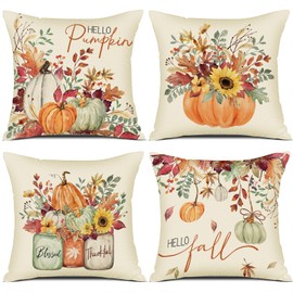YCOLL Autumn Cushion Cover, 50 x 50 cm, Set of 4 Cushion Covers, Autumn Pumpkin Decorative Sofa Cushion, Linen Cushion Covers, Autumn Decoration, Outdoor Pumpkin Cushion for Bedroom, Living Room