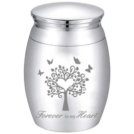 CREATCABIN Small Keepsake Urn Mini Cremation Urns Tree of Life Butterfly Ashes Holder Miniature Burial Funeral Container Jar Engraving Stainless Steel for Human Pet Memorial Silver 1.57x1.18Inch