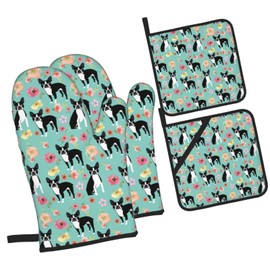 Florals Boston Terrier Dogs Oven Mitts and Pot Holders Heat Resistant 4 Pcs Sets Waterproof Non-Slip for BBQ Cooking Baking Grilling