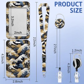 Japanese Art Blue and White Waves Badge Holder Plastic Case with Retractable Badge Reel Carabiner Clip and Detachable Lanyard Strap Vertical Card Protector for Women Nurse Teacher Student