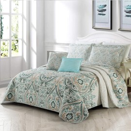 Home Soft Things Visionary Damask Blue Printed Microfiber 5 Piece Quilts Set, Teal Aqua Brown White Floral Design, Lightweight Reversible Bedspread Coverlet Bedding Set, Queen 90" x 90"