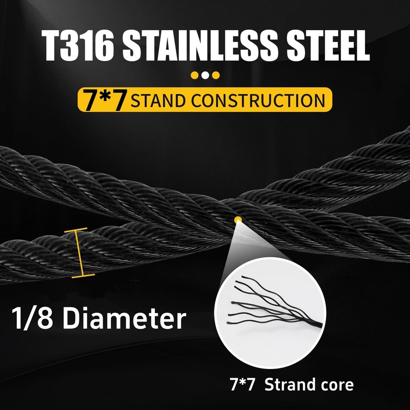 600FT 1/8" Stainless Steel Cable Black 7x7 Strands Aircraft Cable