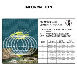 SF 12 PCS Pre Tied Loop Fly Tapered Leader Nylon Fly Fishing Trout Leader Line 9FT-5X