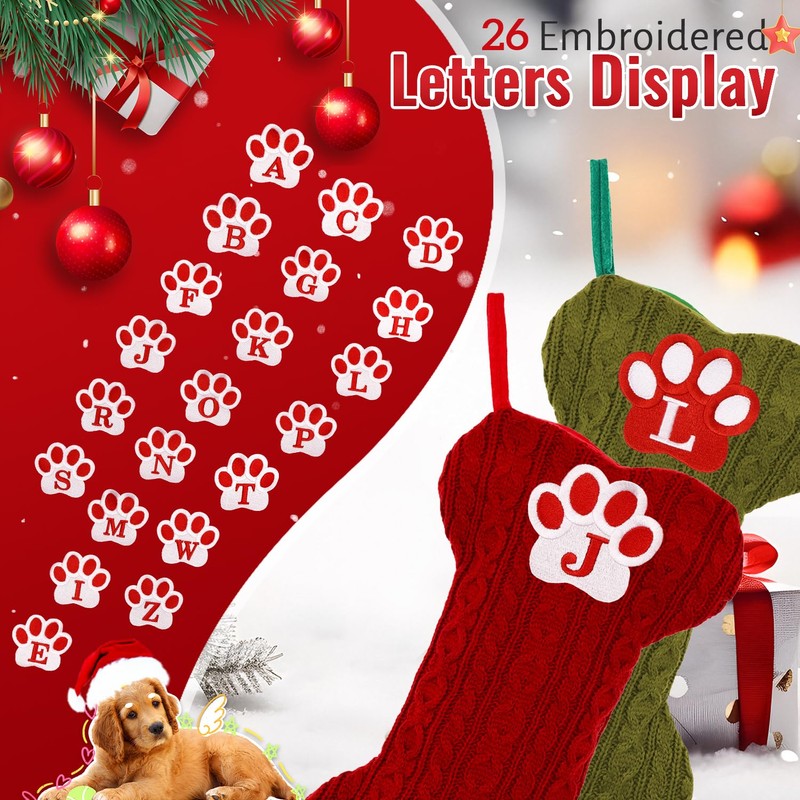 Dog Stocking with Initials，Bone Christmas Stocking with Letters,Large Knit Embroidered