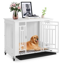 DWVO Dog Crate Furniture with Wheels, 32 Inch Dog Kennel Indoor Heavy Duty End Table Dog Crate for Small Medium Dogs, Decorative Wooden Dog Cage Table with Removable Tray, Chew-Resistant, White