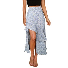 BTFBM - Falda Larga de Verano para Mujer, Estilo Bohemio, con Estampado Floral, Cintura elástica, con Volantes, Alta y Baja, Z Azul Claro, M