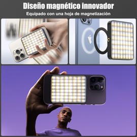 Diyife 128 LED Selfie Luz para Celular con Clip Frontal y Trasero, Regulable Luz de Relleno, 2000mAh Recargable, Aspiración Magnética para Video, Maquillaje, Fotografía Luces de Relleno