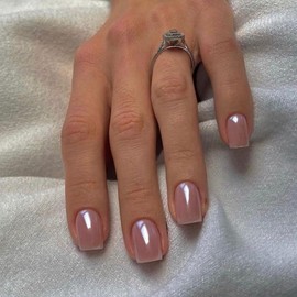 Chrome Nude Pink Square Press on Nails Short,KQueenest Mirror Metal Plating False Acrylic Nails Press Ons,Natural Fit Glue on Nails Short Coffin,UV Cover Glossy Stick on Nails for Women in 24PCS