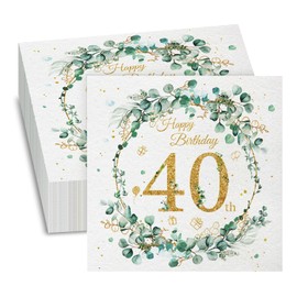 GROVBLE Pack of 40, napkins 40th birthday, napkins birthday, napkins eucalyptus green, happy birthday napkins, for decoration 40th birthday girl boy birthday celebrations party anniversary, 33 x 33 cm