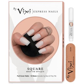 600 Pieces Medium Square Nail Set Free Glue and Preparation File 10 Sizes - Opaque Express Fingernail Extensions Full Cover For Professional & Home Use - By Vixi