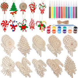 Blosssound 40 Pcs Christmas Candy Cutout Wood Candy Crafts Peppermint Decoration Ornaments to Paint 10 Styles DIY Lollipop Blank with Paint and Brush for Home Crafts Hanging Party Decoration