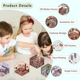 Dagmar DIY 3D House Stickers 4 Sets, Make Your Own Sticker Supermarket Coffee Shop Restaurant Bookstore 3D House Sticker Set Funny Cartoon Scene Stickers for Relief Stress Pass The Time