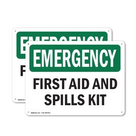 (2 Pack) First Aid And Spills Kit OSHA Emergency Sign 10 Inch X 7 Inch Plastic Sign, Weather Resistant, UV Protected for Workplace, Business, and Construction Site, Made in the USA