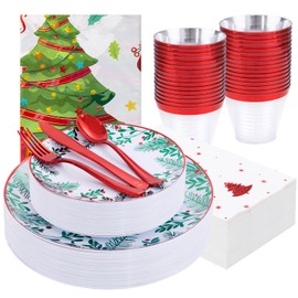 Festiva 176Pcs Christmas Plastic Plates Heavy Duty- Christmas disposable Dinnerware - include 50Plates 25Knives 25Forks 25Spoons 25Cups 25Napkins 1Christmas Tree Tablecloth - for Christmas