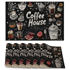 Coffee House Placemats Set of 6,Coffee Menu Table Mates Non-Slip Heat Resistant Washable Linen Place Mats for Party Kitchen Dining Decoration Indoor Outdoor 12"x18"