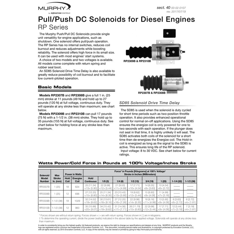 Murphy by Enovation Controls RP2310B, 24 Volt Push/Pull DC Solenoid