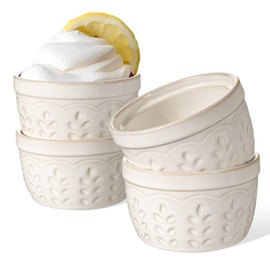 Artena Ramekins Oven Safe, Creme Brulee Ramekins, Embossed White Ceramic Souffle Pudding Custard Cups, Baking Dish, Dipping Bowls, Sauce Cups, Set Of 4 (Wheat Leaf, 4 oz)