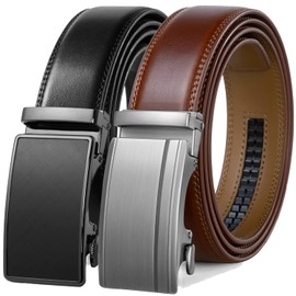 Founders & C Mens Belt 2 Pack,Leather Ratchet Click Belt Dress with Slide Buckle 1 3/8" in Gift Set Box- Size Adjustable (Cognac/Black Belt, 40"-50" Waist Adjustable)