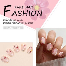 24Pcs Square False Nails Short, French Tip Stick on Nails Cute Flowers Press on Nails, Spring Summer Fake Nails Set with Designs, Removable Acrylic Full Cover Glue-on Nails for Women Girls