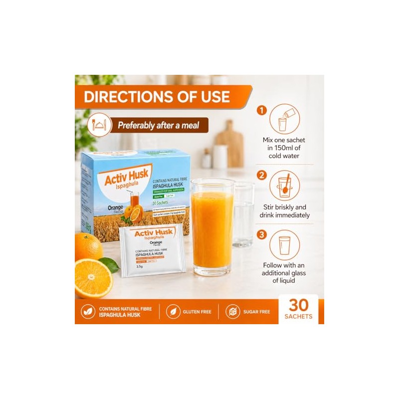 Activ Husk Ispaghula Husk Orange Drink Sachets | Contains Natural