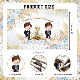 AIBIIN 7x5ft Nuestra Primera Comunion Backdrop for Twins Boys Baptism God Bless First Holy Communion Christening Party Decorations Boho Blue Floral Gold Peace Doves Party Banner Photo Studio Props