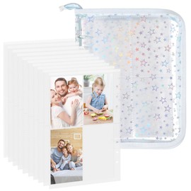 JECOMPRIS A5 Photo Card Binder: 4 in 1 Sticker Storage Organizer Babys My First Photo Album PVC with Zipper 10 x 7 Glitter Stars Binder Sleeves and Release Paper