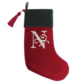 Red and Green Velvet Rhinestone Monogram Christmas Stocking - N