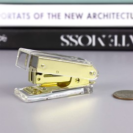 NatSumeBasics Pure Gold Mini Stapler with Staples Set Clear Acrylic Metallic Manual Stapler and 1000pcs 6/26 Standard Colored Staples Kit for Desk Supplies Accessories (Yellow Gold)