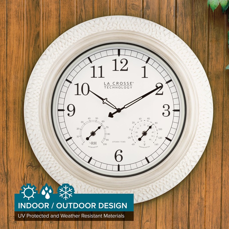 La Crosse Technology 433-29917-INT 21" Indoor/Outdoor Atomic Analog White-Washed Hammered