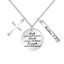 Cross Necklace for Women Christian Religious Bible Verse Scripture Inspirational Prayer Necklaces Engraved Ask Seek Knock -Matthew 7:7