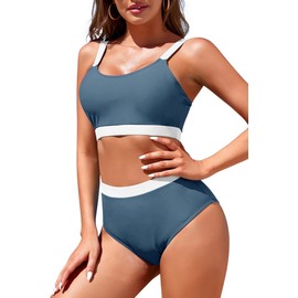 Conjunto de bikini de cintura alta para mujer, deportivo, con bloques de color, bandeau, cuello redondo, clásico, dos piezas, Celeste blanco, X-Large