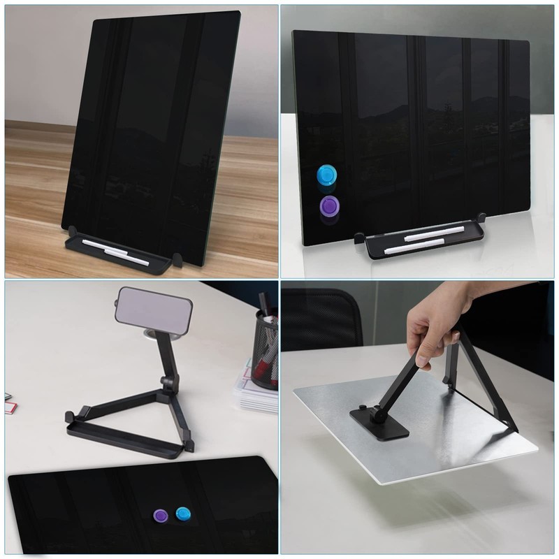Black Magnetic Glass Board Desktop Easel, 16x12 Black Dry Erase