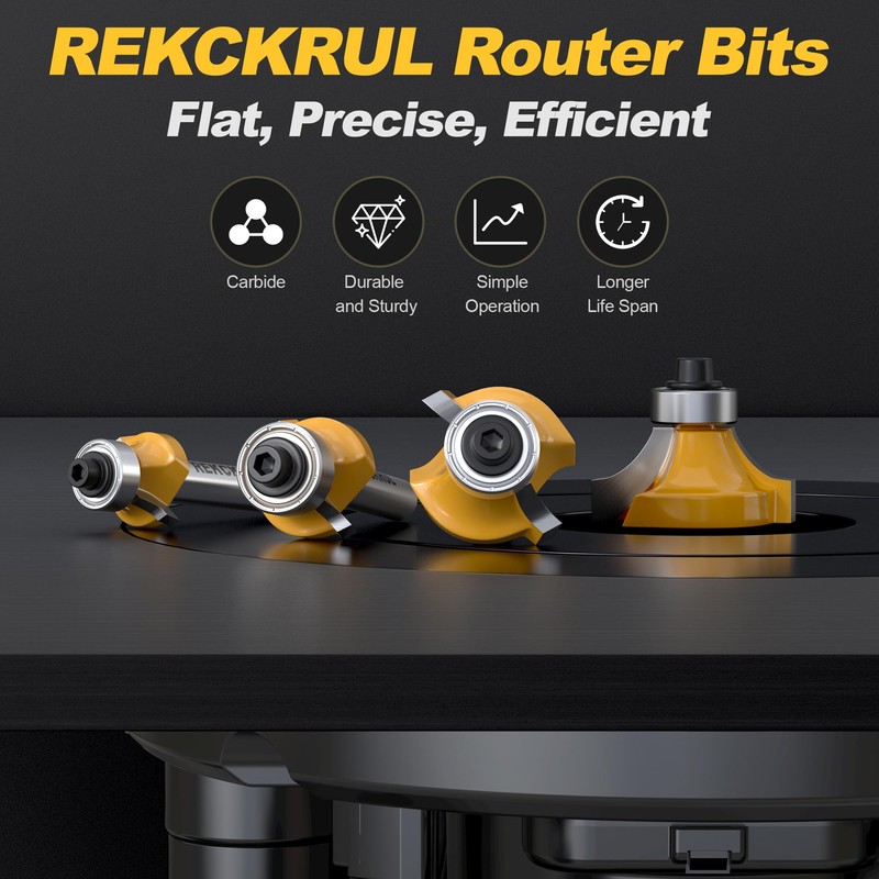 REKCKRUL 4-Piece Roundover Router Bit Set - 1/4" Shank, Carbide