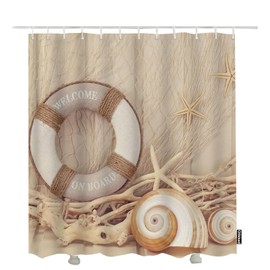 Olikked Coastal Shower Curtain 72x72 Inch Starfish Conch Lifebuoy Fishnet On Wooden Board Summer Bathroom Curtain Machine Washable Waterproof Fabric