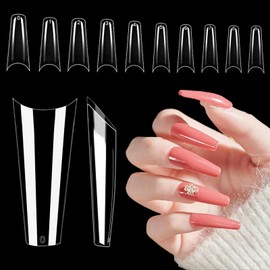 LUFFLOK 500 Pieces False Nails Tips for Acrylic Nails, Long Square Nails Tip Set, Half Cover Fake Nails Tips, Square Acrylic Tips for Nails Art and DIY French Nail Designs, 10 Size (Clear, Long)