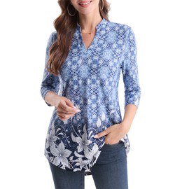 BAISHENGGT - Blusas de trabajo con cuello en V para mujer, manga 3/4, estilo informal, para salir, Azul Flores, Large