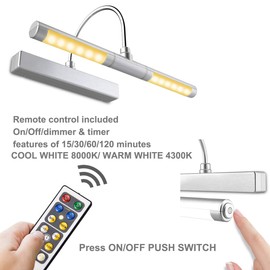 BIGLIGHT Wireless Battery Operated LED Picture Light with Remote, 13 Inches Rotatable Light Head with 3 Lighting Modes, Dimmable Display Lamp with Timer for Picture Frame Painting Portrait Art, Silver