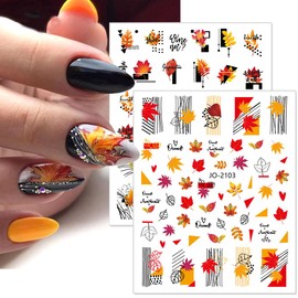 8 Sheets Thanksgiving Day Nail Art Stickers 3D Self-Adhesive Fall Maple Leaf Nail Decals Autumn Abstract Leaf Fox Letter Nail Design for Acrylic Nail Art Fall Nail Art Supplies Women Nail Decorations